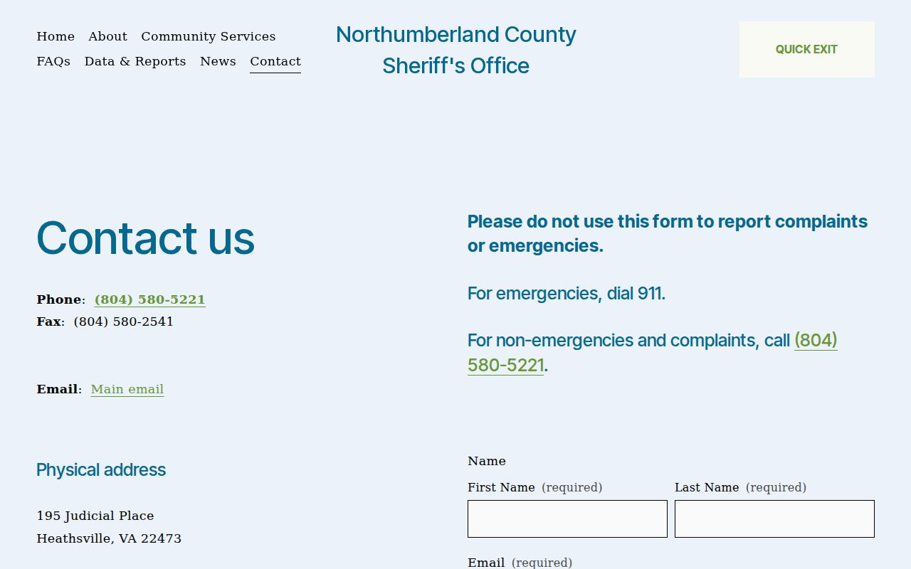 Northumberland County Sheriff's Office contact for arrest records