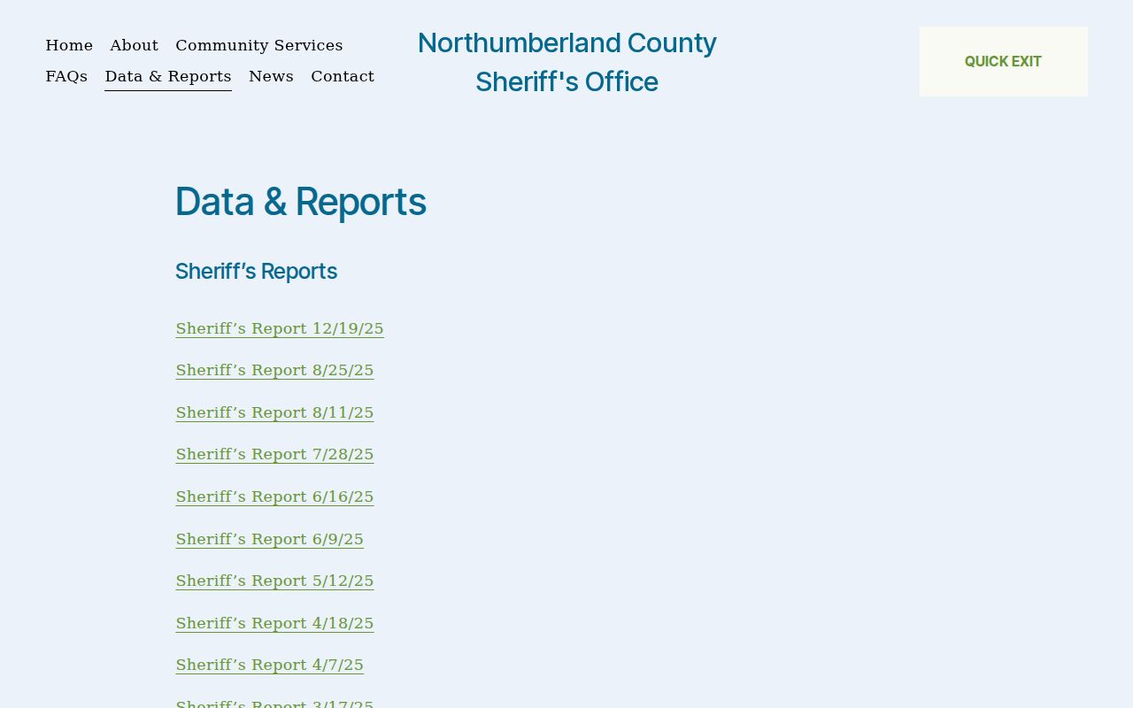 Northumberland County sheriff data and arrest report resources
