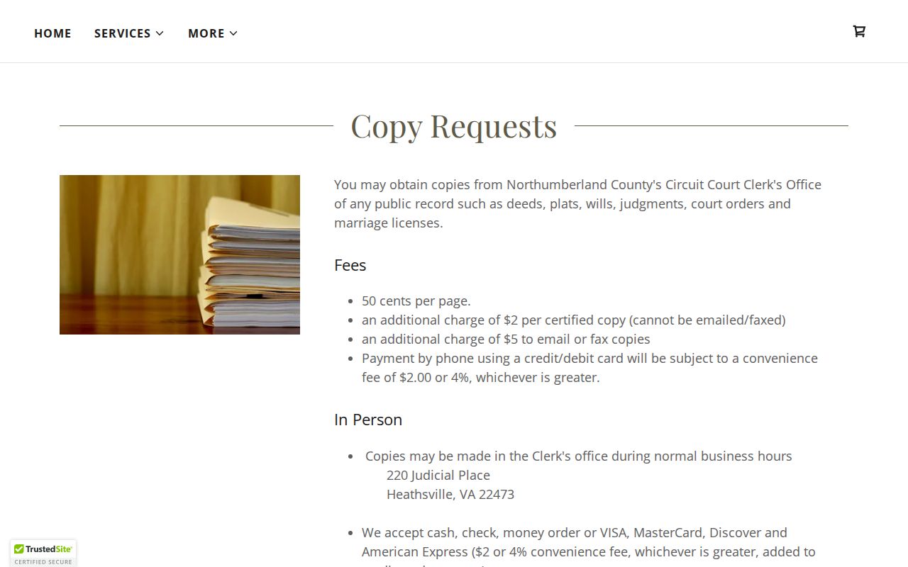 Northumberland County Circuit Court case document copy request
