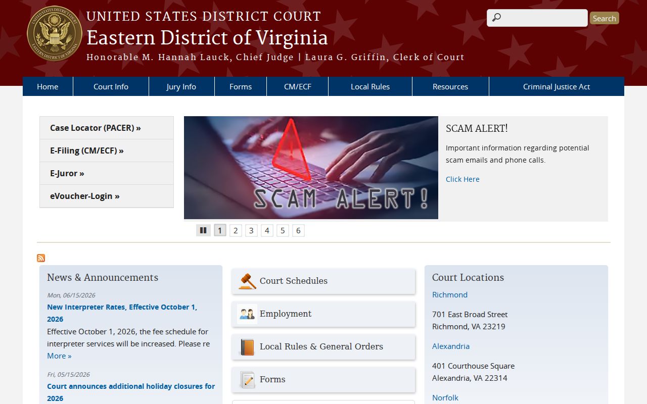 Eastern District of Virginia federal court information for Northumberland County criminal records