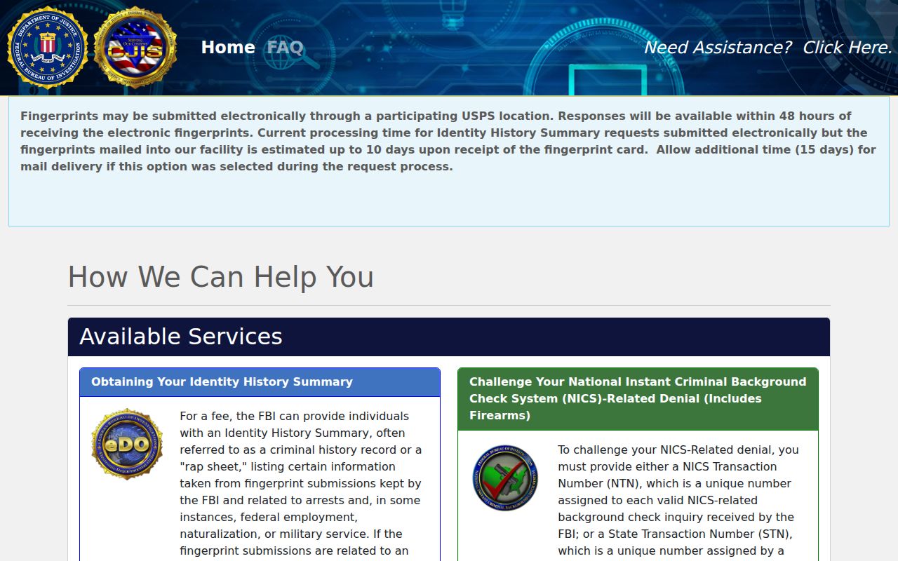 FBI electronic identity history ordering portal for Northumberland County criminal record self-review