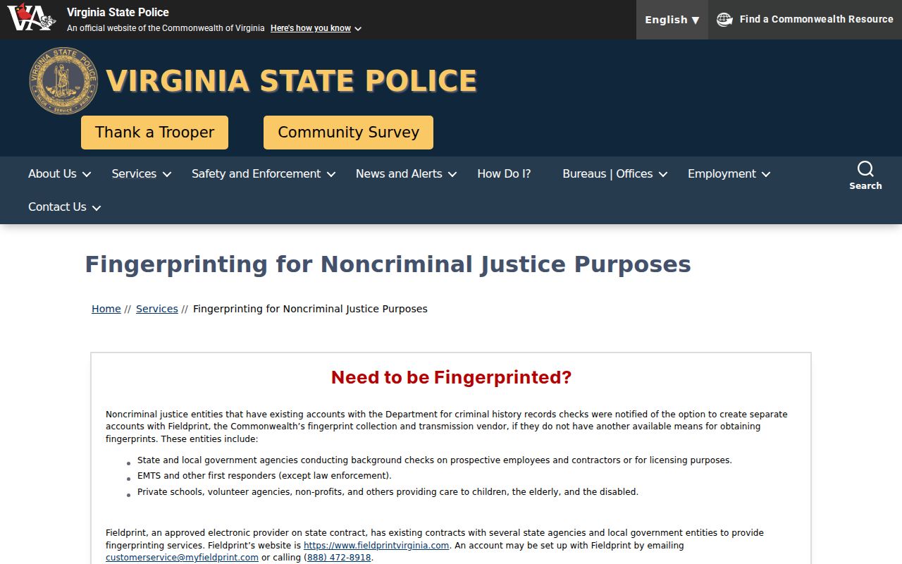 Virginia State Police fingerprint instructions for a Northumberland County criminal history review