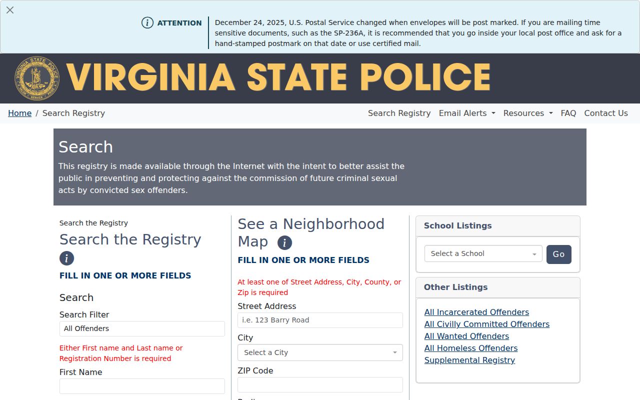 Northumberland County sex offender lookup on the Virginia registry search